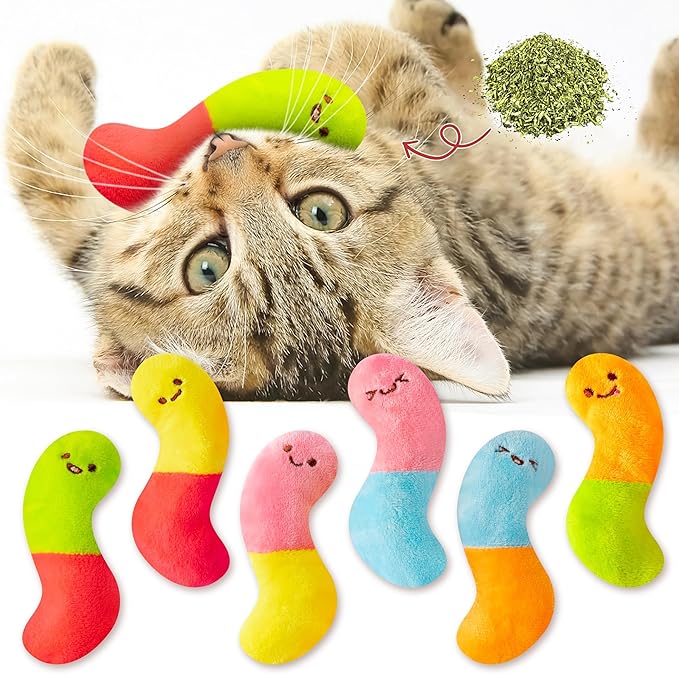 L1rabe Worm Candy Catnip Stuffed Toys - 6P Colorful Worm Organic Cat Toys Funny Indoor Chew Bite Kick Tools, Interactive Pet Supplies Cat Lovers Kittens Birthday Presents Pet Summer Gifts