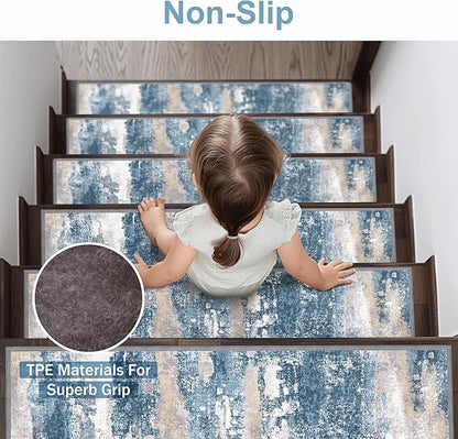Carpet Stair Treads Non Slip 15PCS, 8" X 30" Edging Stair Runner for Wooden Steps Indoor, Resistant Stair Rugs with Reusable TPE Adhesive Backing, Residue Mat for Elders, Pets, Sapphire/Sand