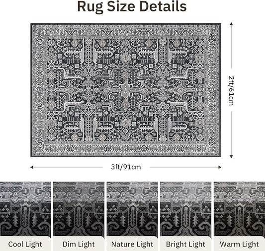 Washable 2x3 Entryway Area Rug - Small Non Slip Vintage Kitchen Runner Rugs Indoor Entrance Soft Neutral Stain Resistant Bathroom Mat Farmhouse Carpet for Bedroom Living Room Entry Laundry 2'x3' Black