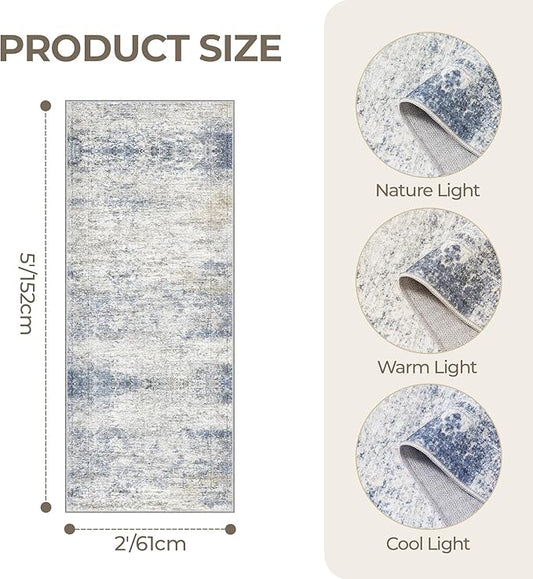 2x5 Rug Runner Washable for Entryway, Soft Bathroom Rugs with Non-Slip Backing, Abstract Low Pile Hallway Runner, Vintage Small Kitchen Carpet for Laundry Room(2'x5', Blue/Brown/Ivory)