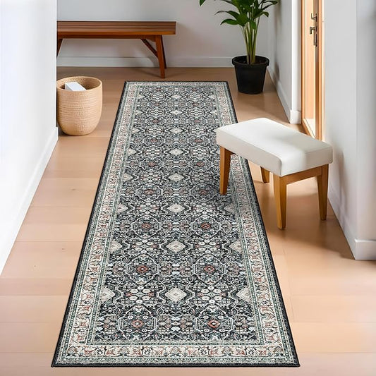 Washable 2x6 Hallway Runner Rug: Ultra Soft Runners for Entrance Kitchen Low Pile Foldable Carpet with Non-Slip Backing for Living Room Bedroom Bathroom Thin Carpet for Laundry Dining Room(Black,2x6)