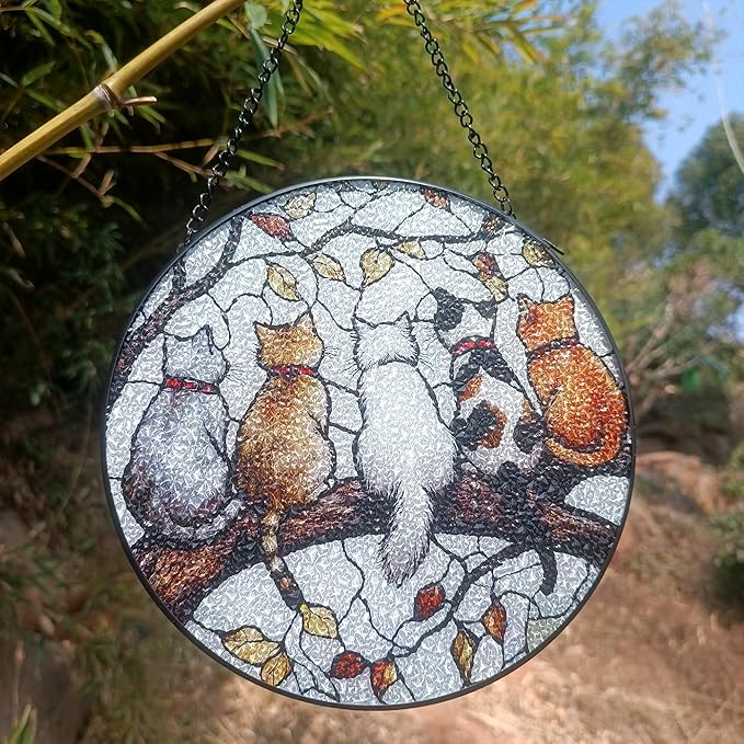 Cat Suncatcher Stained Glass Window Hanging (7.8 in) - Gifts for Cat Lovers Women Mom Grandma Friend Teacher Birthday and Housewarming Wall Art Decor for Kitchen Living Room Indoor Windows