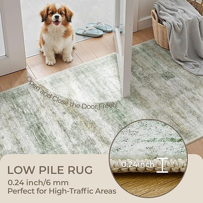 Washable Runner Rugs for Bedroom - 2x6 Runner Rug Non Slip, Ultra-Thin Entryway Runner, Soft Abstract Kitchen Runner for Hallway, Laundry, Indoor Door Mat(2'x6', Green/Yellow/Ivory)