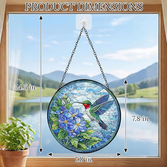 Sanwarm Stained Glass Window Hanging, Hummingbird Blue Flowers Suncatcher Window Decor for Indoor Home Sun Catcher Ornament, Mother’s Day & Birthday Gift for Women, Men, Mom & Nana, 7.8 in