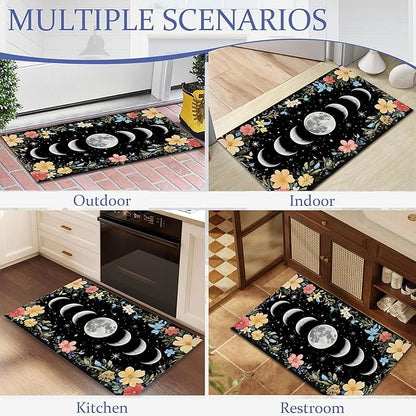 Vintage Moon Phase Welcome Mat,Rustic Flowers Indoor Rugs for Entryway,Anti-Slip Low Profile Doormats Porch Mats for Front Door Stairway Rug Living Room Floor Mat 30 x 17 Inch