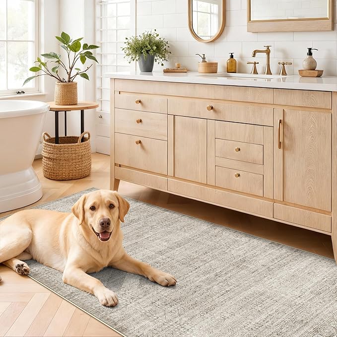Washable 3x6 Neutral Area Rugs: Water-Resistant Kitchen Rug Low Pile Soft Beside Carpet for Bedroom Nursery Anti-Slip Entryway Bathroom Runner Rug Thin Distressed Hallway Floor Mat(3x6,Beige/Ivory)