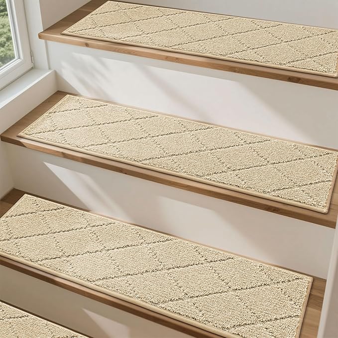 COSY HOMEER Stair Treads for Wooden Steps 9"x28",Washable Non Slip Peel and Stick Carpet Stair Treads with Reusable Residue Free Backing Soft Pet Friendly Stair Runner for Kids Elders,Warm Beige,7pcs