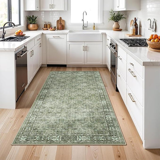 Washable 4x8 Hallway Runner Rug: Vintage Soft Carpet for Living Room Entryway Non-Slip Water Resistant Thin Kitchen Floor Mat Wide Ultra Soft Area Rug for Bedroom Bathroom Dining Room(Green,4x8)