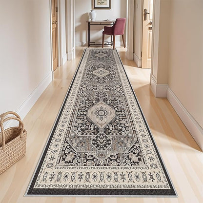 Kitchen Runner Rug 4x12 Washable - Wide Vintage Hallway Entryway Rugs with Non Slip Backing Indoor Stain Resistant Thin Carpet for Living Room Bedroom Ultra Soft Home Decor Floor Mat 4'x12' Black