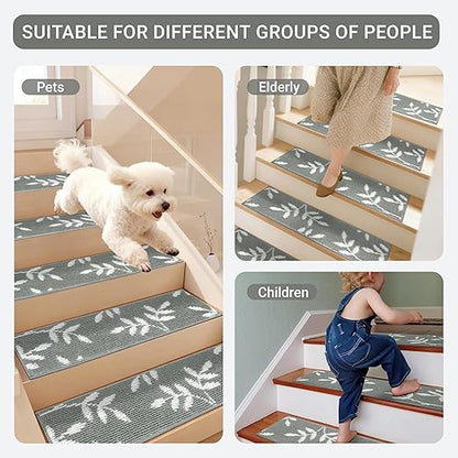 Carpet Stair Treads, Non-Slip Stair Treads for Wooden Steps Indoor, 30”x8” Stair Runner for Pets Non Skid Wood Staircase Step Treads Reusable, Set of 15, Grey