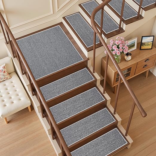 Carpet Stair Treads Non Slip - 4 Pack 8" x 30" Peel and Stick Stairs Tread for Wooden Steps Washable Stair Runners Rug Stain Resistant Edging Staircase Mat for Kids and Dogs(4pc, Grey)
