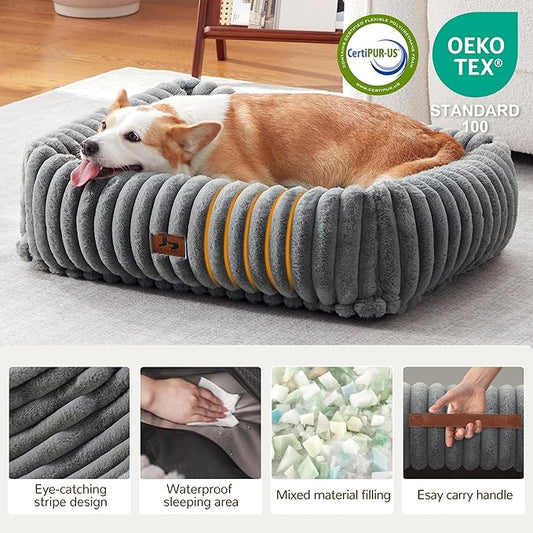 Washable Dog Bed for Small Medium Dogs - Rectangle Orthopedic Corduroy Fleece Pet Bed with Removable Cover and Nonskid Bottom, Calming Puppy Bed Soft Pet Sofa, Grey(30x24x8inchs)