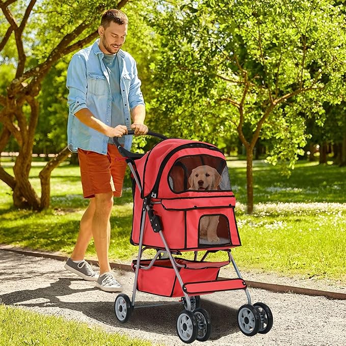 Pet Stroller for Small Medium Dogs & Cats, 4-Wheel Breathable Compact Foldable Dog Carrier with Storage Basket, Outdoor Portable Lightweight Travel Stroller for Camping,Red