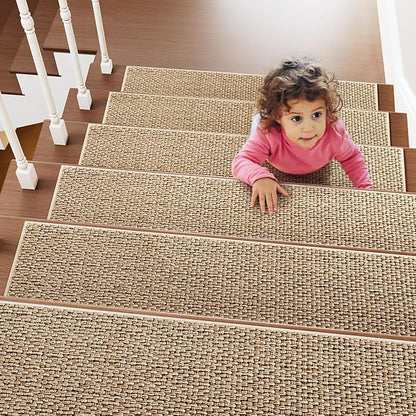 PADOOR Non Slip Stair-Treads,Rubber Backing Stair-Runners for Wooden Steps,15PCS Residue Free Carpet Stair Treads for Kids and Dogs 8"x30" Beige
