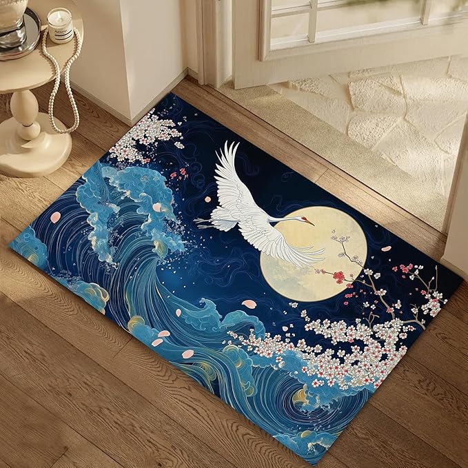 Indoor Rugs for Entryway,White Crane Welcome Mat for Home,Vintage Blue Sea Wave Low Profile Entrance Rugs Non-Slip Doormats for Back Door Patio, Porch,Home Stairway,30 x 17 Inch