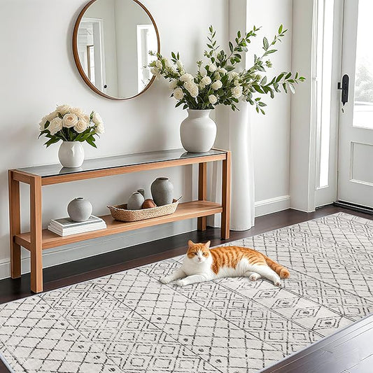 4x10 Rug for Hallway - Washable Moroccan Runner Rugs Non Slip Pets Friendly Runner Low Pile Soft Indoor Floor Mat Front Door for Kitchen Bedroom Entryway Laundry 4x10 Geo Grey