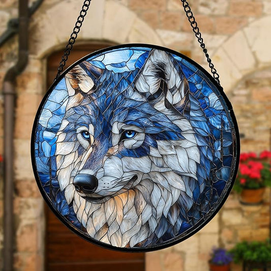 Stained Glass Window Hanging - Funny Wolf Suncatcher Ready to Hang Window Doors Home Decoration and Christmas, Mother's Day Birthday Gifts for Women, Men, and Mom 11.8x11.8 in
