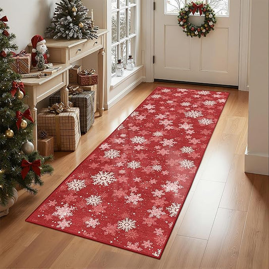 2x6 Runner Rug Non Slip for Entrance, Washable Christmas Kitchen Rugs, Ultra-Thin Snowflake Bathroom Rug Runner, Soft Red and White Christmas Decor Indoor(2'x6', Red/White)