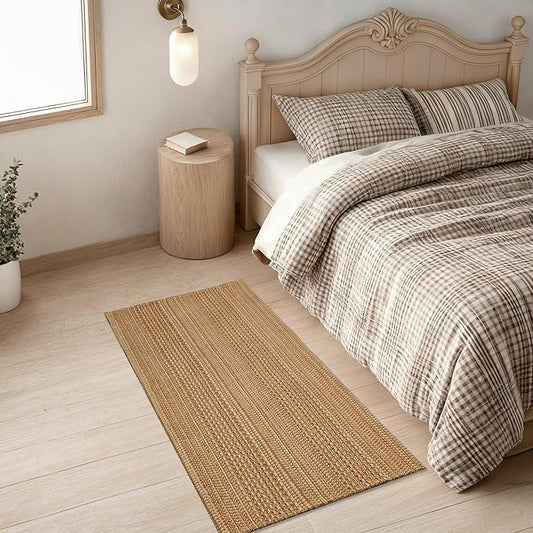 2x4 Washable Rug, Textured Natural Woven Low-Profile Small Runner with Non-Slip Backing, Light Brown, for Kitchen Sink, Laundry Room, Double Door Entryway