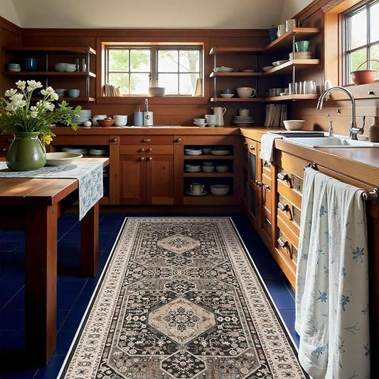 RUUGME 4x10 Washable Runner Rug - Vintage Hallway Rugs with Non Slip Backing Soft Kitchen Stain Resistant Living Room Bedroom Carpets Indoor Soft Floor Decoration Mat for Bathroom (4x10, Black)