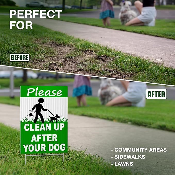 2-Pack Clean Up After Your Dog Signs, Double Sided 12x8 Coroplast Signs with H-Stakes, Outdoor Reminder for Yards, Apartments