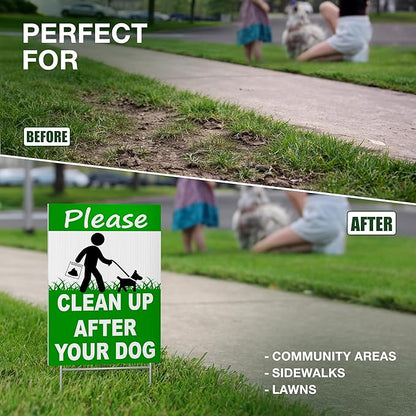 2-Pack Clean Up After Your Dog Signs, Double Sided 12x8 Coroplast Signs with H-Stakes, Outdoor Reminder for Yards, Apartments