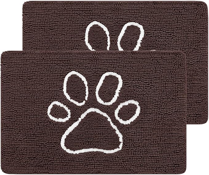 Smiry 2 Piece Dog Door Mat for Muddy Paws, Absorbent Dirt Trapper Non Slip Quick Dry Washable Chenille Mat for Mud Dogs, Entry Rug for Indoor and Outdoor (30x20 Inches, Brown)