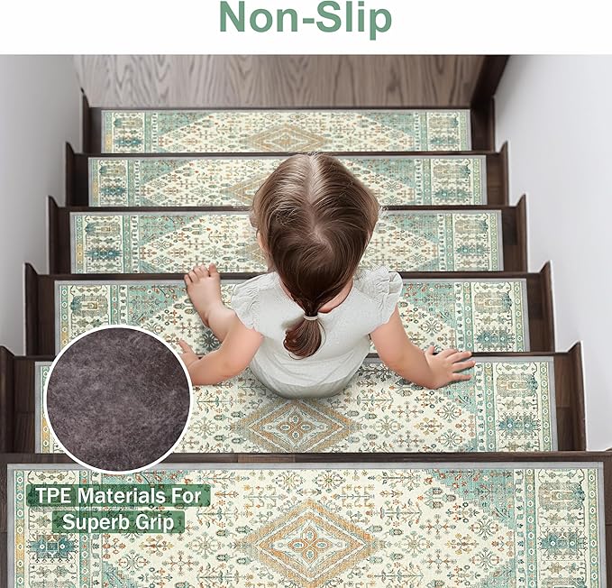 Non Slip Stair Treads for Wooden Steps 15PCS - 8"x30" Indoor Safety Carpet, Edging Mats with TPE Adhesive Backing, Pet and Elderly Friendly Stair Rugs (Green&Ivory)