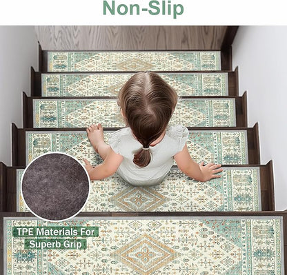 Non Slip Stair Treads for Wooden Steps 15PCS - 8"x30" Indoor Safety Carpet, Edging Mats with TPE Adhesive Backing, Pet and Elderly Friendly Stair Rugs (Green&Ivory)