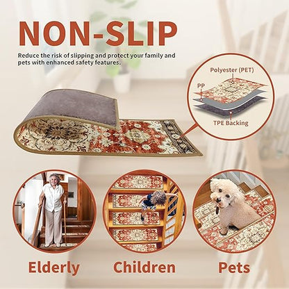 Non-Slip Carpet Stair Treads 4PCS, 8"x30" Peel and Stick Stair Runner for Wooden Steps Indoor, Washable Reusable Adhesive Backing, Pet-Friendly Safety Mats for Kids, Elders, Dogs
