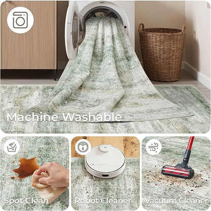 Rug Runners for Hallways Non Slip - 2x8 Runner Rug for Bedroom, Washable Runner with Rubber Backing, Soft Low-Pile Carpet for Kitchen, Laundry, Bathroom (2'x8', Green/Yellow/Ivory)