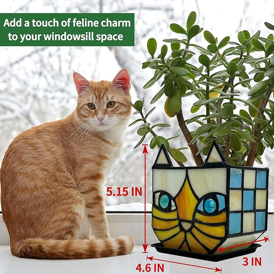 Tiffany Stained Glass Orange Cat Flower Pot,Handmade Cute Pots for Plants, Room and Office Decoration Glass Container Storage,Indoor Plant Pots with Drainage,Plant Gifts 4.6x3x5.15 in
