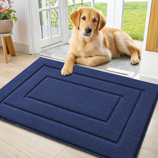 Smiry Dog Door Mat for Muddy Paws, Absorbs Moisture and Dirt, Low-Profile Entryway Mat with Non-Slip Backing, Entry Indoor Outdoor Doormat for Inside Floor (30x20 Inches, Navy Blue, Bordered)