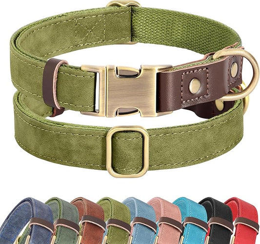 Didog Soft PU Leather Dog Collars for Small Dogs,Classic Adjustable Dog Collars with Quick Release Metal Buckle,Easy Clean and Comfortable with Nylon Lining,Olive Green,S Neck 11-15"