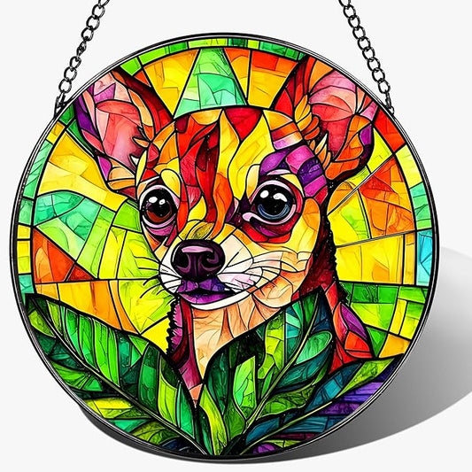8″ Stained Glass Window Hanging Ornament, Vibrant Chihuahua Stained Glass Suncatcher Ornament, Sun-Catcher Window Decor | Gifts for Dog Lovers, Dog Lover Gift, Pet Lover Gift