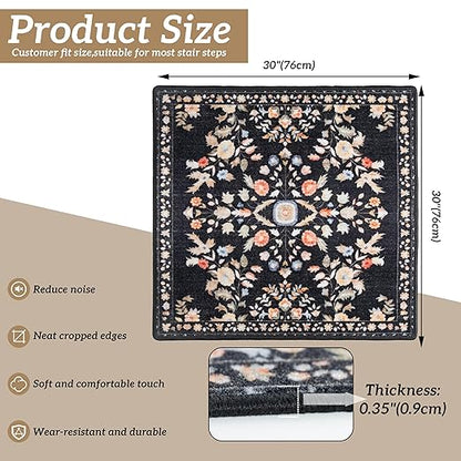 RORA Stair Treads Landing Mat Non-Slip Stair Treads Matching Mat for Wooden Steps Indoor,Bullnose Carpet Stair Floral Stair Rugs Washable Stair Carpet for Pets,30"x30",Black,1pcs