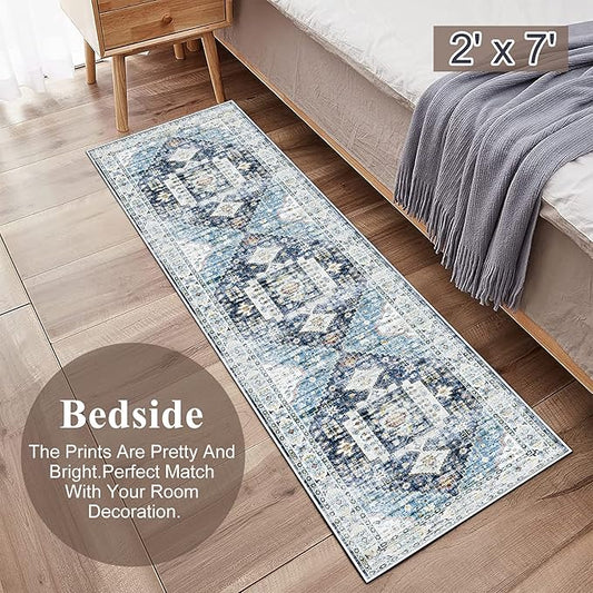 RUUGME Washable Runner Rug 2x7 - Vintage Kitchen Rugs Non Slip Stain Resistant Carpets for Living Room Bedroom Laundry Room Mat Distressed Rug Hallway Floor Carpet Runner for Bathroom 2'x7' Deep Blue