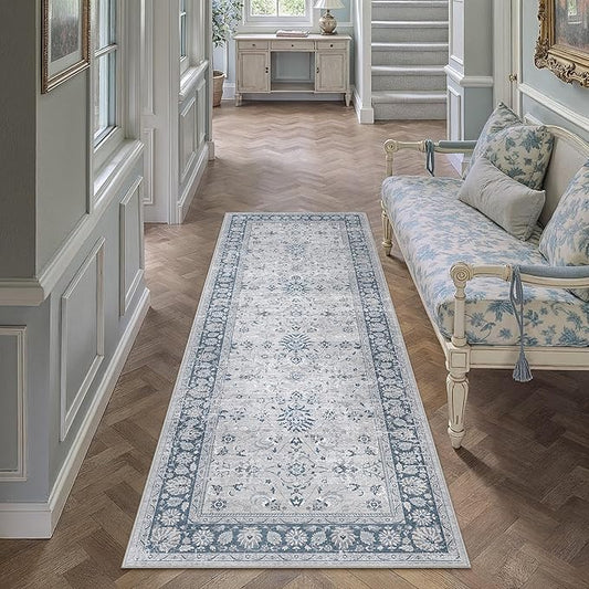 2x6 Runner Rug Blue Washable Hallway Vintage Carpet Kitchen Small Long Non Slip Stain Soft Resistant Low Pile Thin Boho Accent Indoor Throw Rug for Bedroom Laundry Living Room