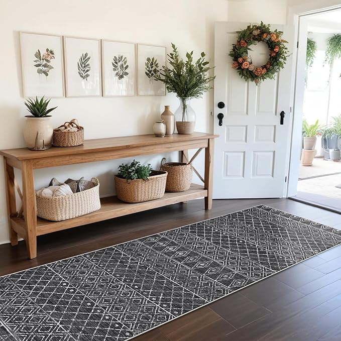 Moroccan 2'6"x8' Hallway Runner Rug: Washable Non Slip Soft Rugs - Low Pile Thin Indoor Floor Mats - Geometric Carpet for Living Room Kitchen Bedroom 2'6"x8' Black