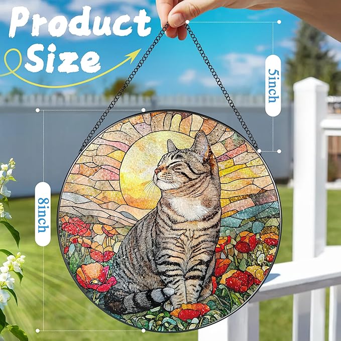 Stained Glass Window Hanging, 8 Inch Cat Stained Glass Ornament, Suncatchers for Windows Hanging, Suncatcher Decorations for Windows, Window Decor, Gifts for Cat Lovers
