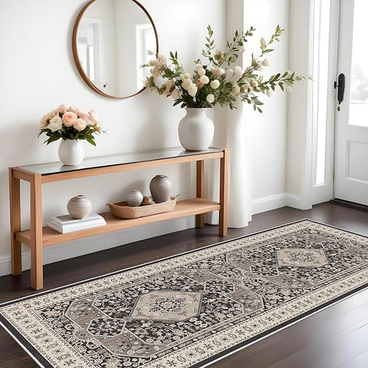 3x8 Kitchen Runner Rug Washable - Indoor Vintage Hallway Kitchen Rugs Non Slip Stain Resistant Carpet for Bedroom Dining Room Bathroom Foldable Low Pile Distressed Home Decor Mat 3x8 Black