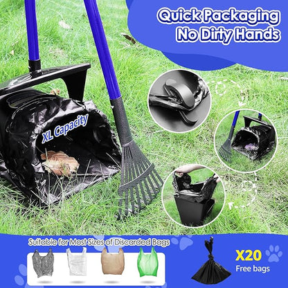 SlowTon Dog Pooper Scooper - 37.4" Long Metal Handle Adjustable Rake & Spade & Swivel Bin with 20 Waste Bags, Portable Pooper Scooper for Gravel Lawn Grass, Suit for Small Medium Large Dog