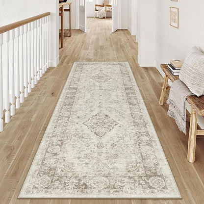 2x6 Runner Rug Beige Washable Hallway Kitchen Carpet Vintage Distressed Small Non Slip Low Pile Thin Bedroom Medallion Accent Throw Rug Laundry Living Room