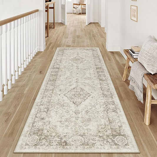2x6 Runner Rug Beige Washable Hallway Kitchen Carpet Vintage Distressed Small Non Slip Low Pile Thin Bedroom Medallion Accent Throw Rug Laundry Living Room