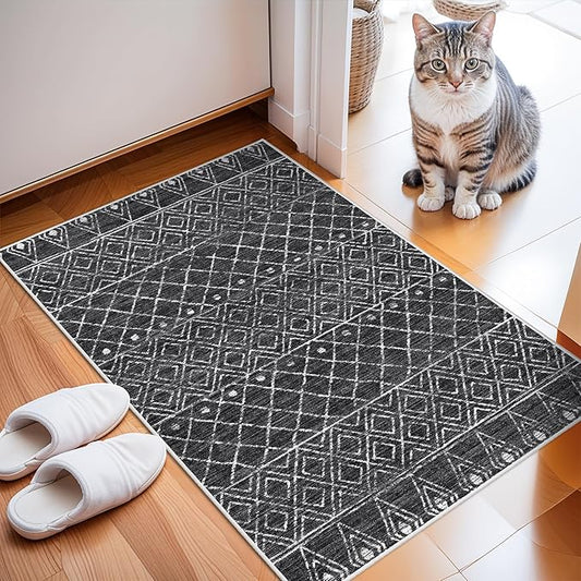 Washable 2x3 Entryway Area Rug: Moroccan Low Pile Small Rugs - Non Slip Farmhouse Thin Bathroom Carpet - Pet Friendly Indoor Floor Mat Front Door for Kitchen Bedroom 2x3 Black