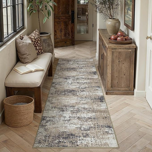 2x8 Abstract Runner Rug Brown Washable Modern Hallway Carpet Non Slip Ultra Soft Neutral Low Pile Contemporary Long Rug for Bathroom Laundry Kitchen Bedroom