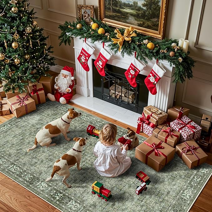 Washable 4x8 Hallway Runner Rug: Vintage Soft Carpet for Living Room Entryway Non-Slip Water Resistant Thin Kitchen Floor Mat Wide Ultra Soft Area Rug for Bedroom Bathroom Dining Room(Green,4x8)