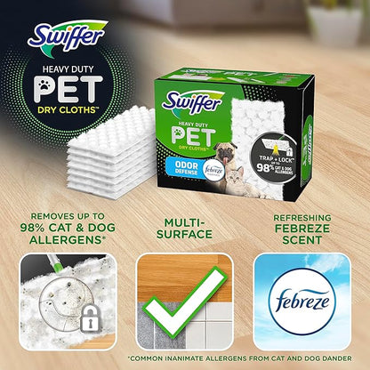 Swiffer Sweeper Pet Heavy Duty Dry Multi-Surface Cloth Refills for Floor Sweeping and Cleaning, Febreze Freshness, 10 Count