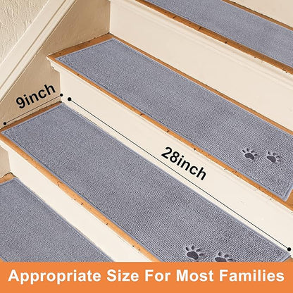 BEQHAUSE Stair Treads for Wooden Steps 28inX9in, Non Slip Carpet Stair Treads Indoor Stair Runners Machine Washable, Soft Stair Rugs Mat Surface Polyester TPE Backing, 15pcs, Grey
