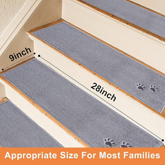 BEQHAUSE Stair Treads for Wooden Steps 28inX9in, Non Slip Carpet Stair Treads Indoor Stair Runners Machine Washable, Soft Stair Rugs Mat Surface Polyester TPE Backing, 15pcs, Grey